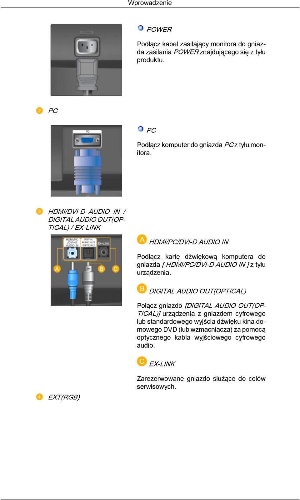 HDMI/DVI-D AUDIO IN / DIGITAL AUDIO OUT(OP- TICAL) / EX-LINK HDMI/PC/DVI-D AUDIO IN Podłącz kartę dźwiękową komputera do gniazda [ HDMI/PC/DVI-D AUDIO IN ] z