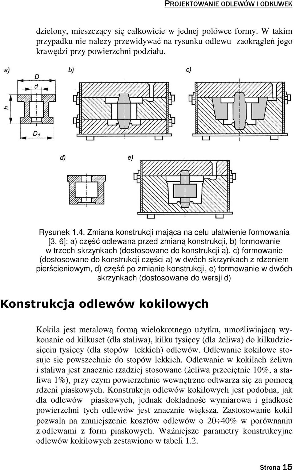 Zmiana konstrukcji mająca na celu ułatwienie formowania [3, 6]: a) część odlewana przed zmianą konstrukcji, b) formowanie w trzech skrzynkach (dostosowane do konstrukcji a), c) formowanie