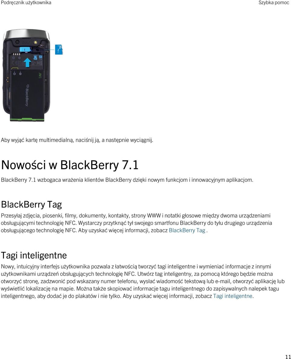 BlackBerry Tag Przesyłaj zdjęcia, piosenki, filmy, dokumenty, kontakty, strony WWW i notatki głosowe między dwoma urządzeniami obsługującymi technologię NFC.