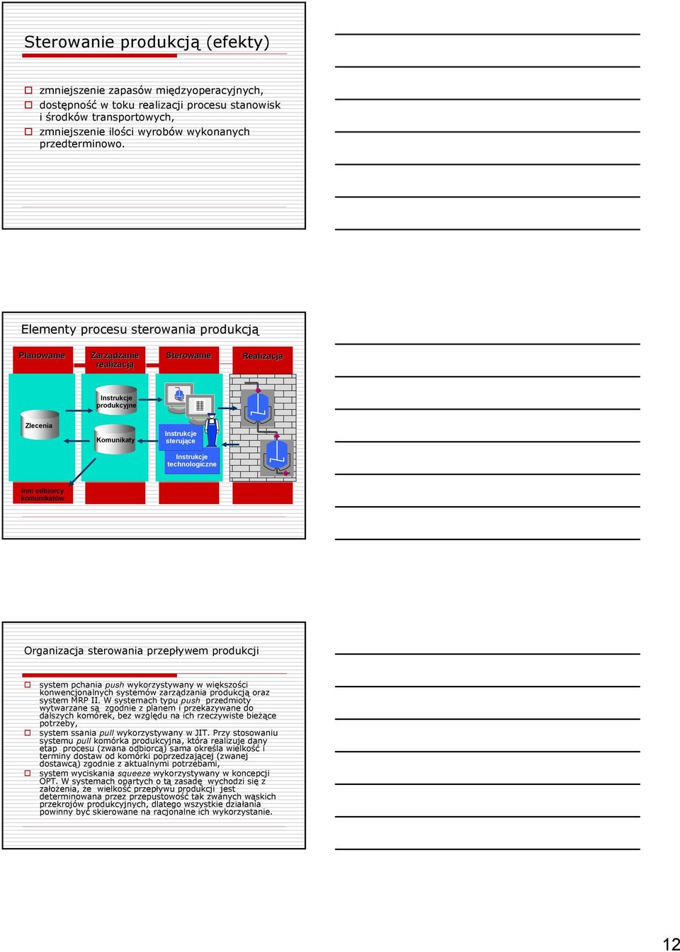 komunikatów Organizacja sterowania przepływem produkcji system pchania push wykorzystywany w większości konwencjonalnych systemów zarządzania produkcją oraz system MRP II.