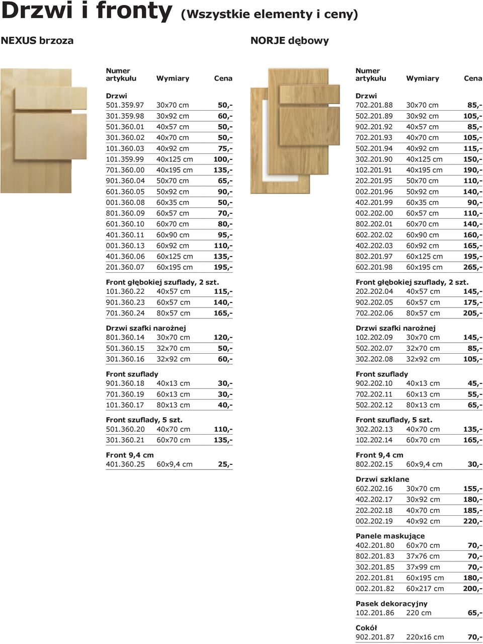 360.06 60x125 cm 135,- 201.360.07 60x195 cm 195,- 101.360.22 40x57 cm 115,- 901.360.23 60x57 cm 140,- 701.360.24 80x57 cm 165,- szafki narożnej 801.360.14 30x70 cm 120,- 501.360.15 32x70 cm 50,- 301.