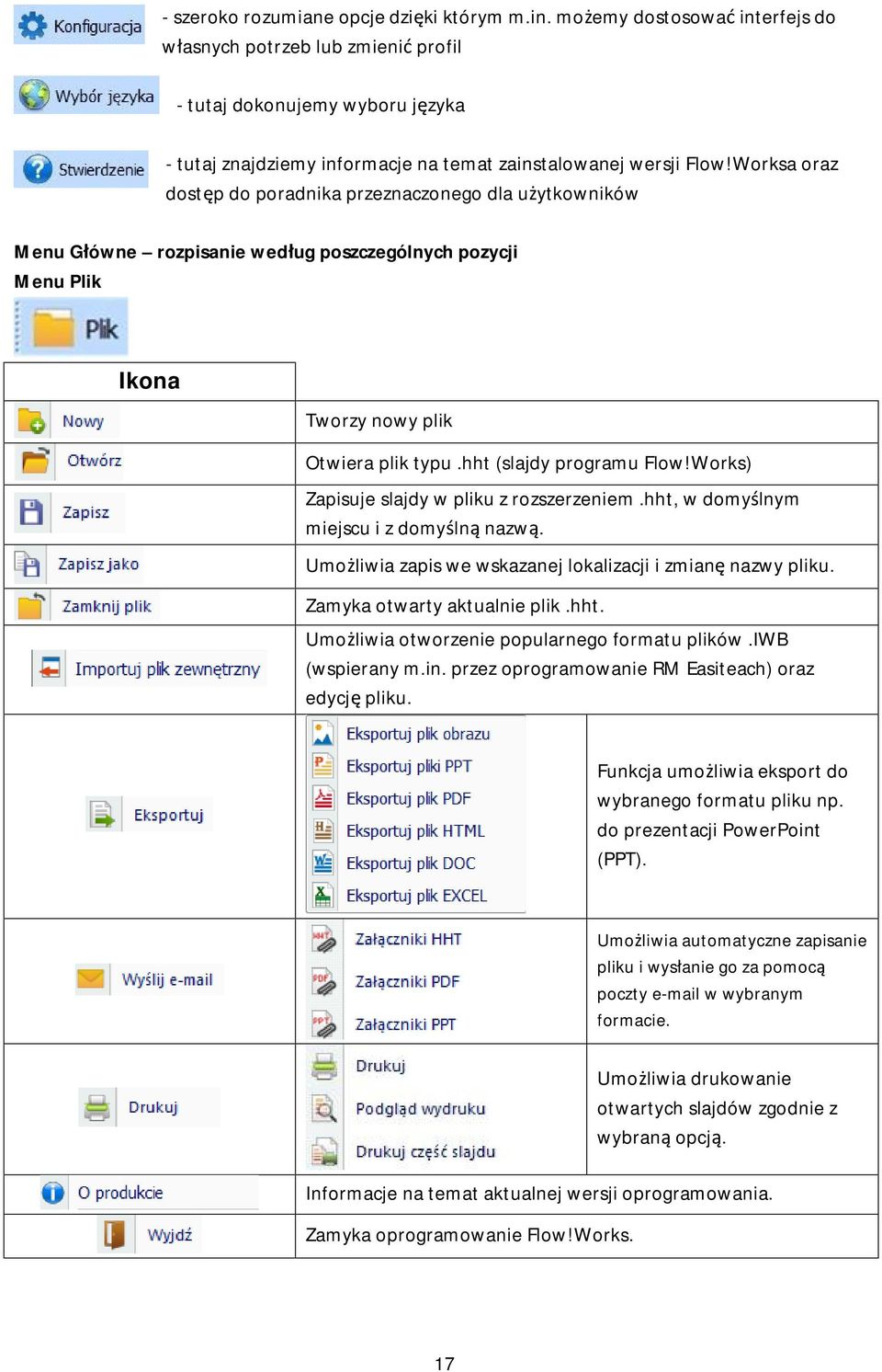 Worksa oraz dostęp do poradnika przeznaczonego dla użytkowników Menu Główne rozpisanie według poszczególnych pozycji Menu Plik Ikona Tworzy nowy plik Otwiera plik typu.hht (slajdy programu Flow!