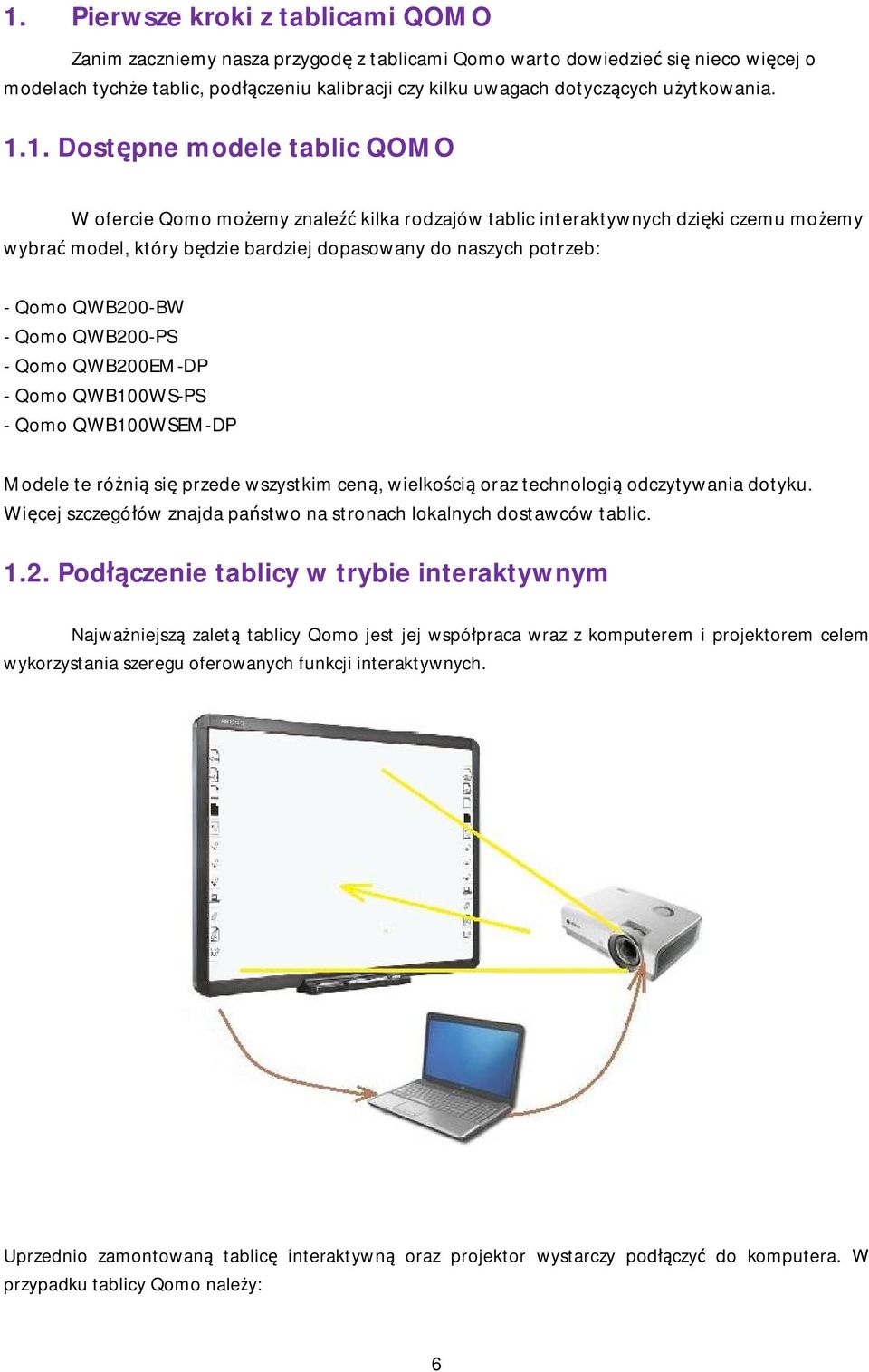 1. Dostępne modele tablic QOMO W ofercie Qomo możemy znaleźć kilka rodzajów tablic interaktywnych dzięki czemu możemy wybrać model, który będzie bardziej dopasowany do naszych potrzeb: - Qomo