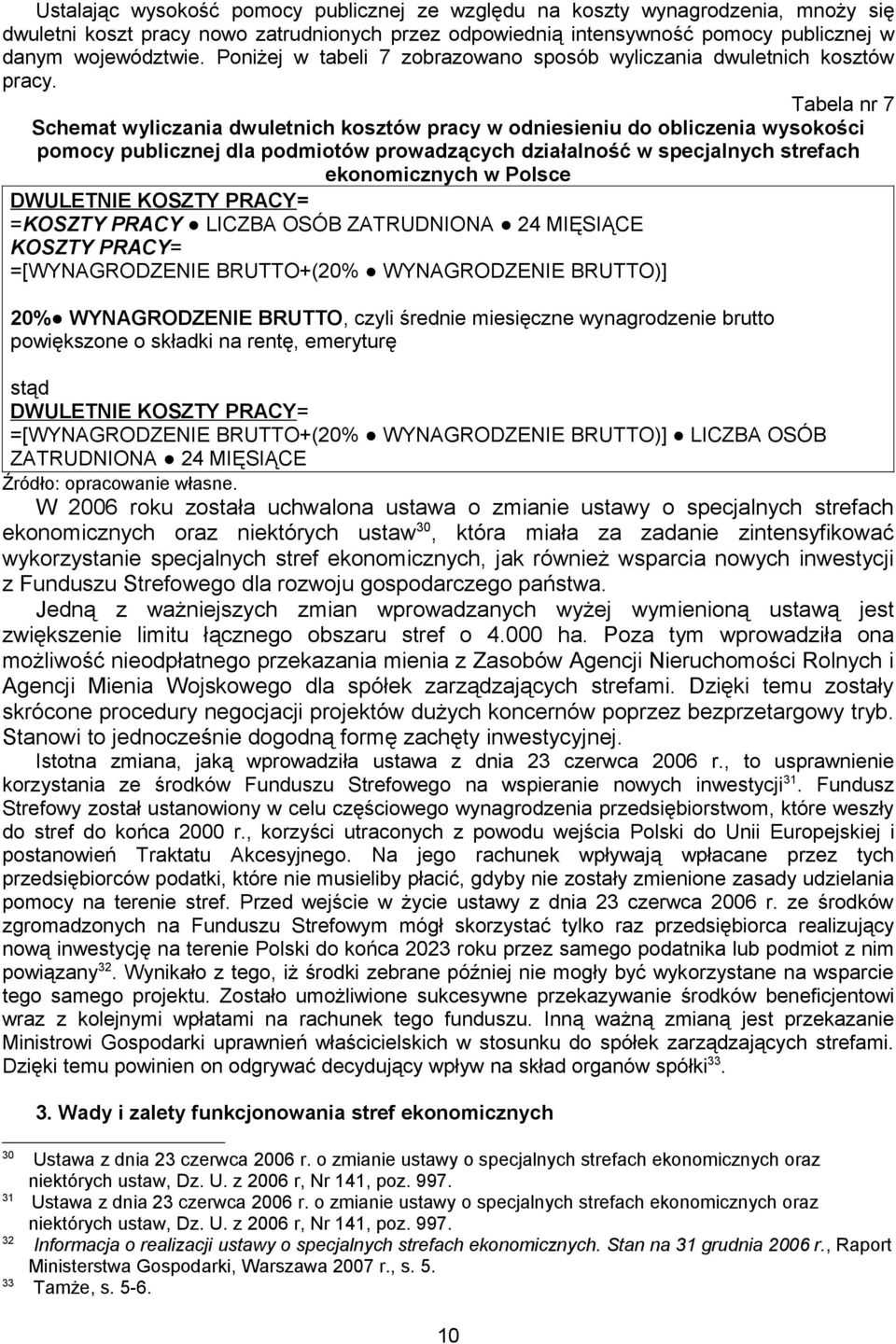 Tabela nr 7 Schemat wyliczania dwuletnich kosztów pracy w odniesieniu do obliczenia wysokości pomocy publicznej dla podmiotów prowadzących działalność w specjalnych strefach ekonomicznych w Polsce