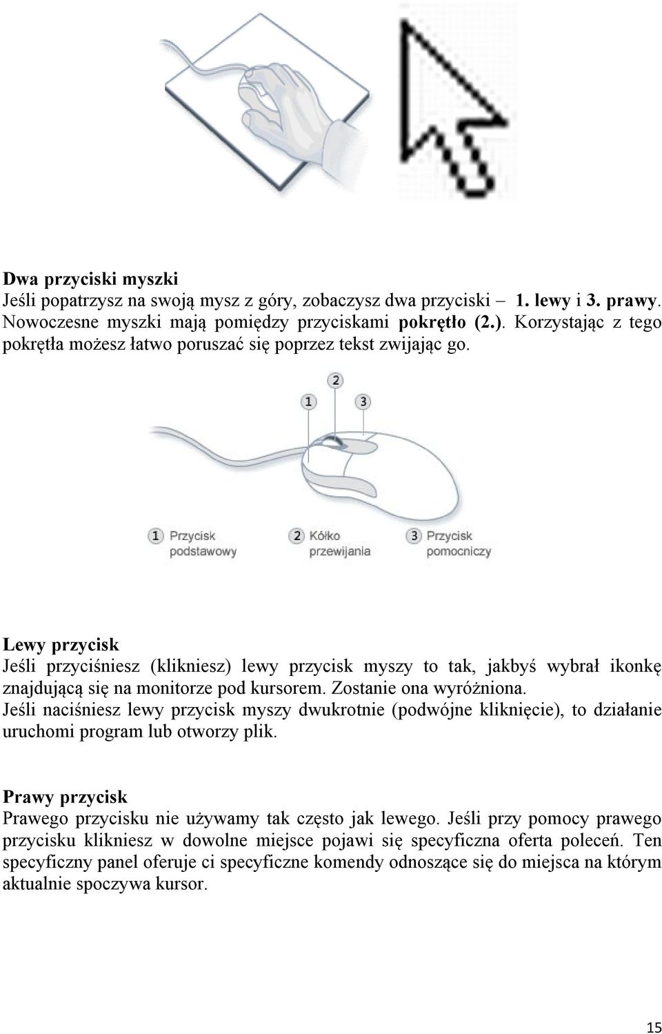 Lewy przycisk Jeśli przyciśniesz (klikniesz) lewy przycisk myszy to tak, jakbyś wybrał ikonkę znajdującą się na monitorze pod kursorem. Zostanie ona wyróżniona.