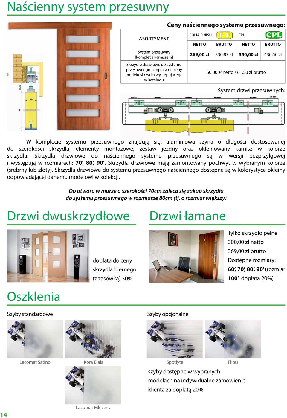 przesuwnego znajdują się: aluminiowa szyna o długości dostosowanej do szerokości skrzydła, elementy montażowe, zestaw jezdny oraz okleinowany karnisz w kolorze skrzydła.