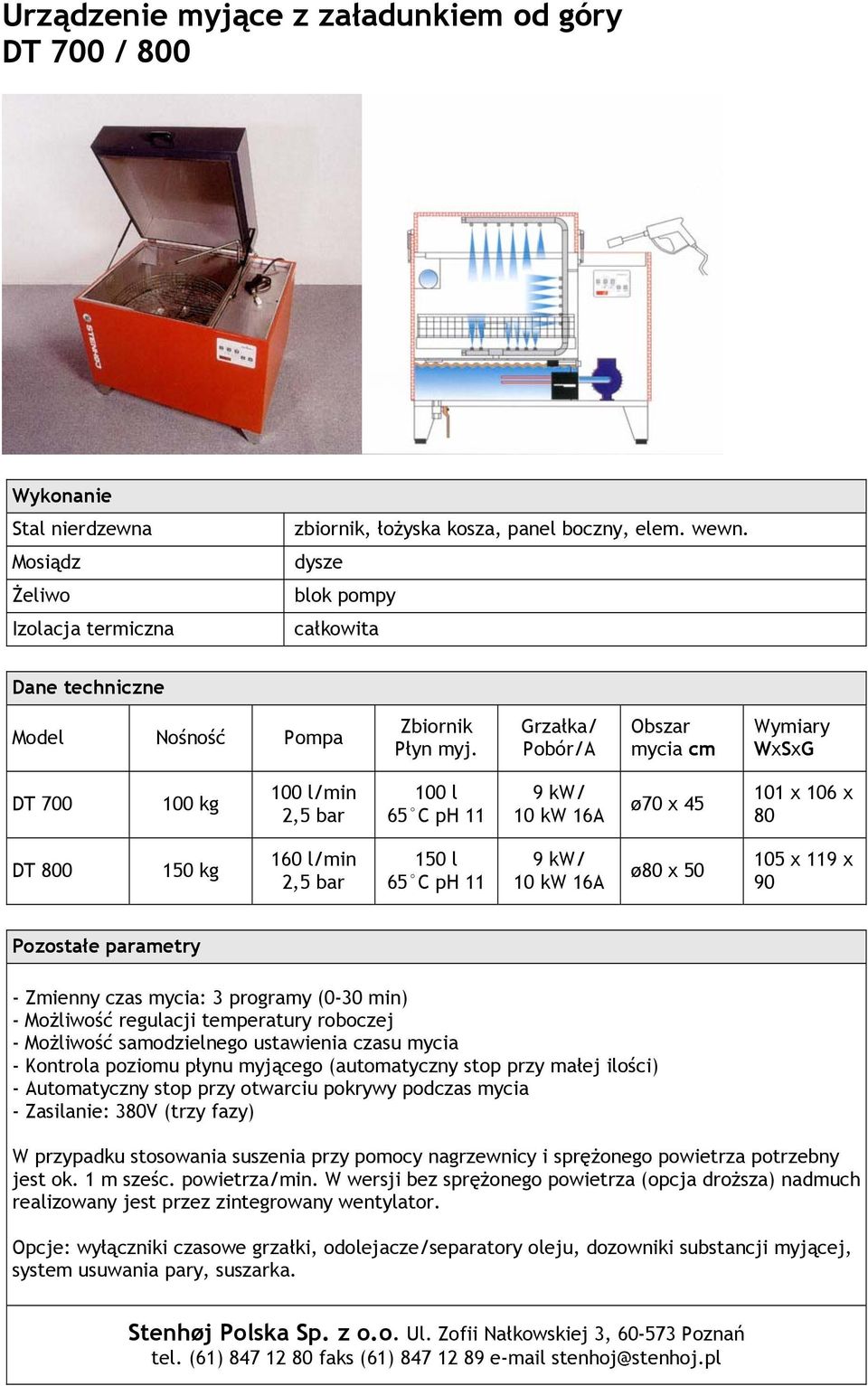 Grzałka/ Pobór/A Obszar mycia cm Wymiary WxSxG DT 700 100 kg 100 l/min 2,5 bar 100 l 65 C ph 11 9 kw/ 10 kw 16A ø70 x 45 101 x 106 x 80 DT 800 150 kg 160 l/min 2,5 bar 150 l 65 C ph 11 9 kw/ 10 kw