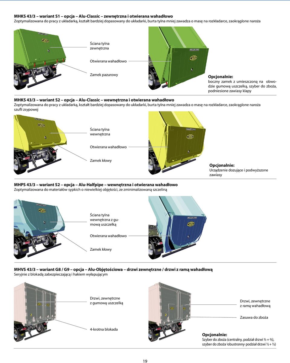 klapy MHKS 43/3 wariant S2 opcja Alu-Classic wewnętrzna i otwierana wahadłowo Zoptymalizowana do pracy z układarką, kształt bardziej dopasowany do układarki, burta tylna mniej zawadza o masę na