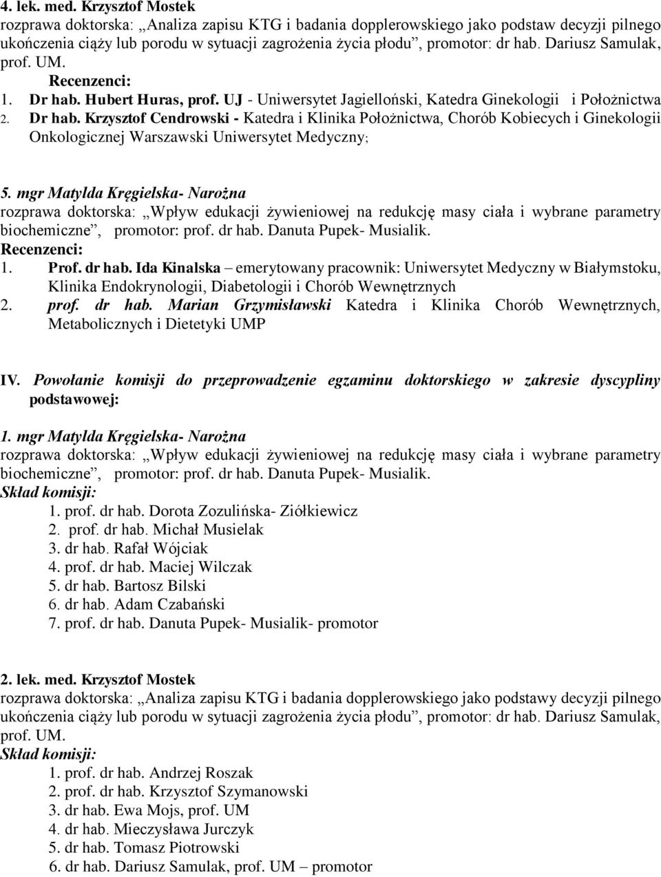 Dariusz Samulak, prof. UM. 1. Dr hab. Hubert Huras, prof. UJ - Uniwersytet Jagielloński, Katedra Ginekologii i Położnictwa 2. Dr hab. Krzysztof Cendrowski - Katedra i Klinika Położnictwa, Chorób Kobiecych i Ginekologii Onkologicznej Warszawski Uniwersytet Medyczny; 5.