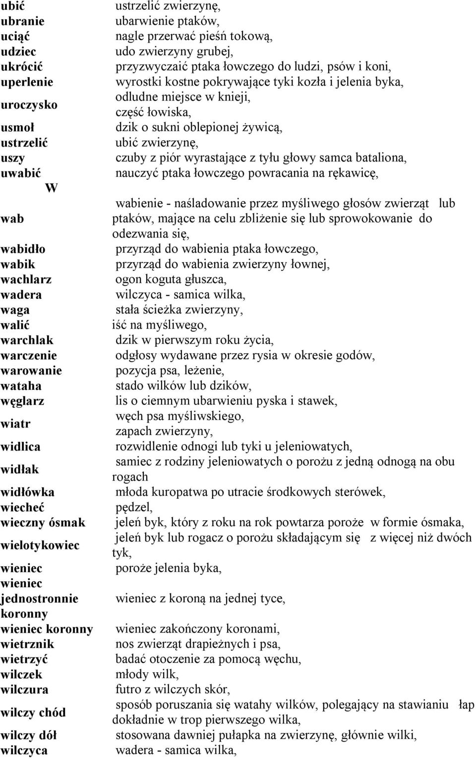 ptaków, nagle przerwać pieśń tokową, udo zwierzyny grubej, przyzwyczaić ptaka łowczego do ludzi, psów i koni, wyrostki kostne pokrywające tyki kozła i jelenia byka, odludne miejsce w knieji, część