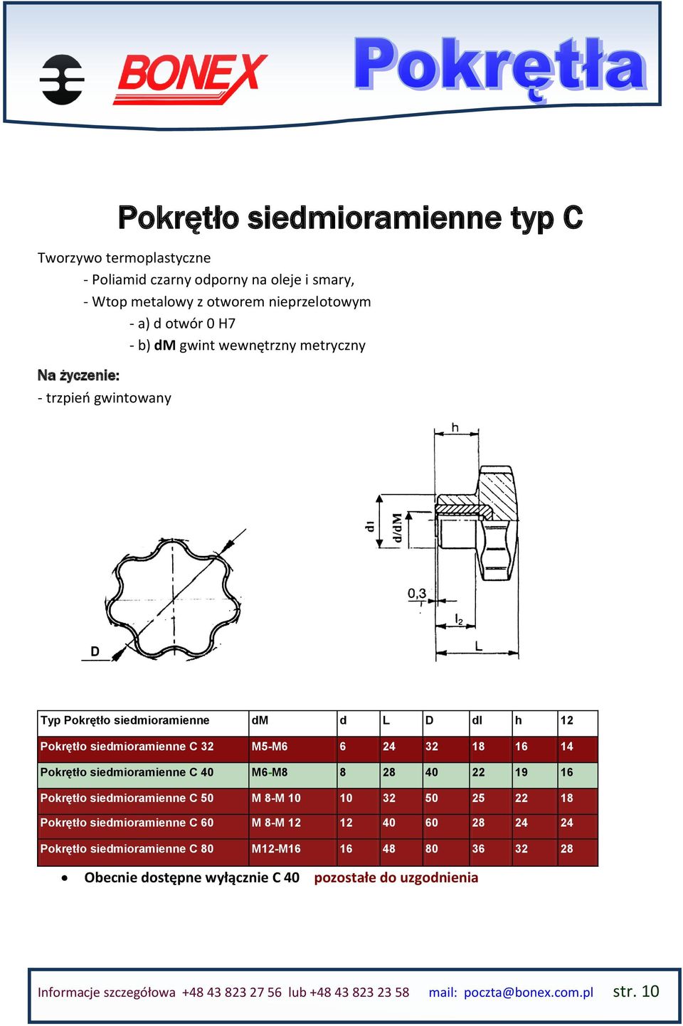 C 40 M6-M8 8 28 40 22 19 16 Pokrętło siedmioramienne C 50 M 8-M 10 10 32 50 25 22 18 Pokrętło siedmioramienne C 60 M 8-M 12 12 40 60 28 24 24 Pokrętło siedmioramienne C 80