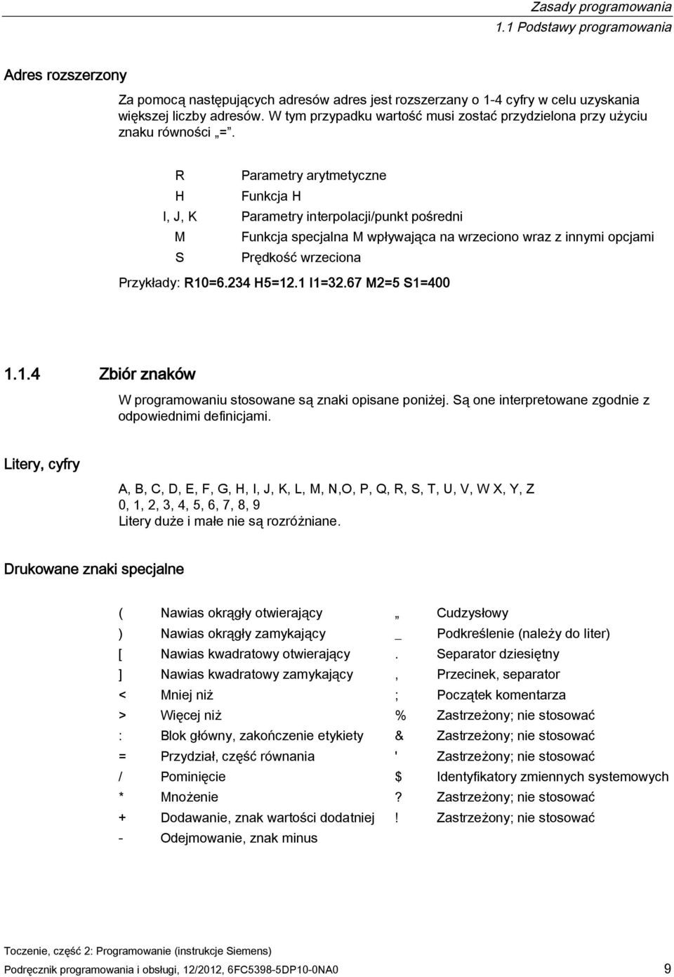 R Parametry arytmetyczne H Funkcja H I, J, K Parametry interpolacji/punkt pośredni M Funkcja specjalna M wpływająca na wrzeciono wraz z innymi opcjami S Prędkość wrzeciona Przykłady: R10=6.234 H5=12.