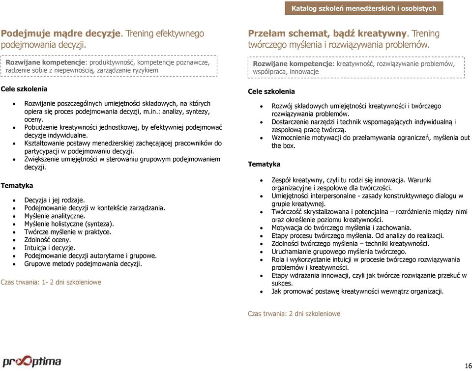 podejmowania decyzji, m.in.: analizy, syntezy, oceny. Pobudzenie kreatywności jednostkowej, by efektywniej podejmować decyzje indywidualne.