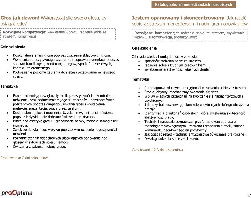 Rozwijane kompetencje: radzenie sobie ze stresem, wywieranie wpływu, automotywacja, produktywność Doskonalenie emisji głosu poprzez ćwiczenie składowych głosu.