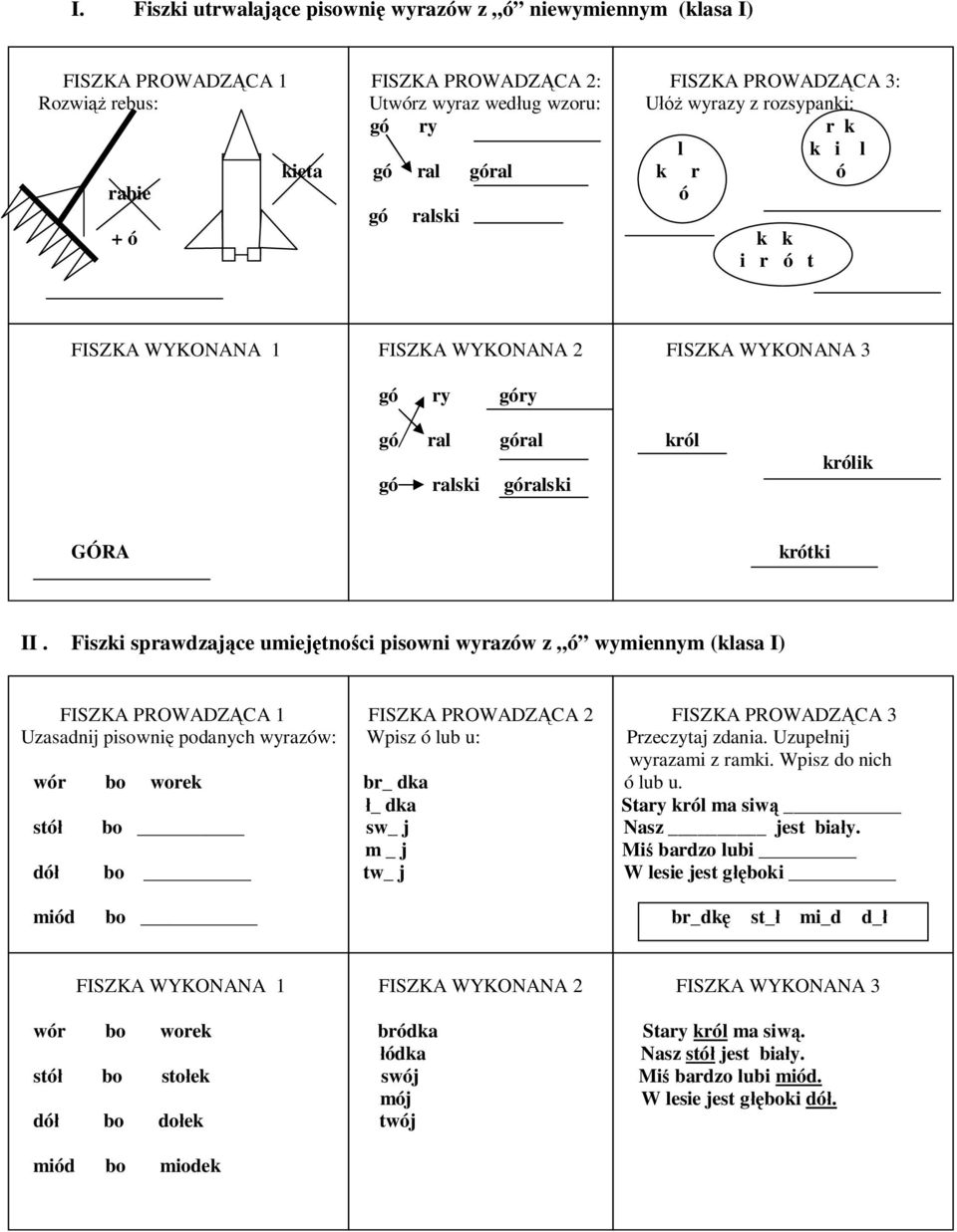 Fiszki sprawdzające umiejętności pisowni wyrazów z ó wymiennym (klasa I) Uzasadnij pisownię podanych wyrazów: Wpisz ó lub u: Przeczytaj zdania. Uzupełnij wyrazami z ramki.