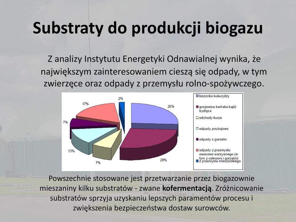 Powszechnie stosowane jest przetwarzanie przez biogazownie mieszaniny kilku substratów - zwane