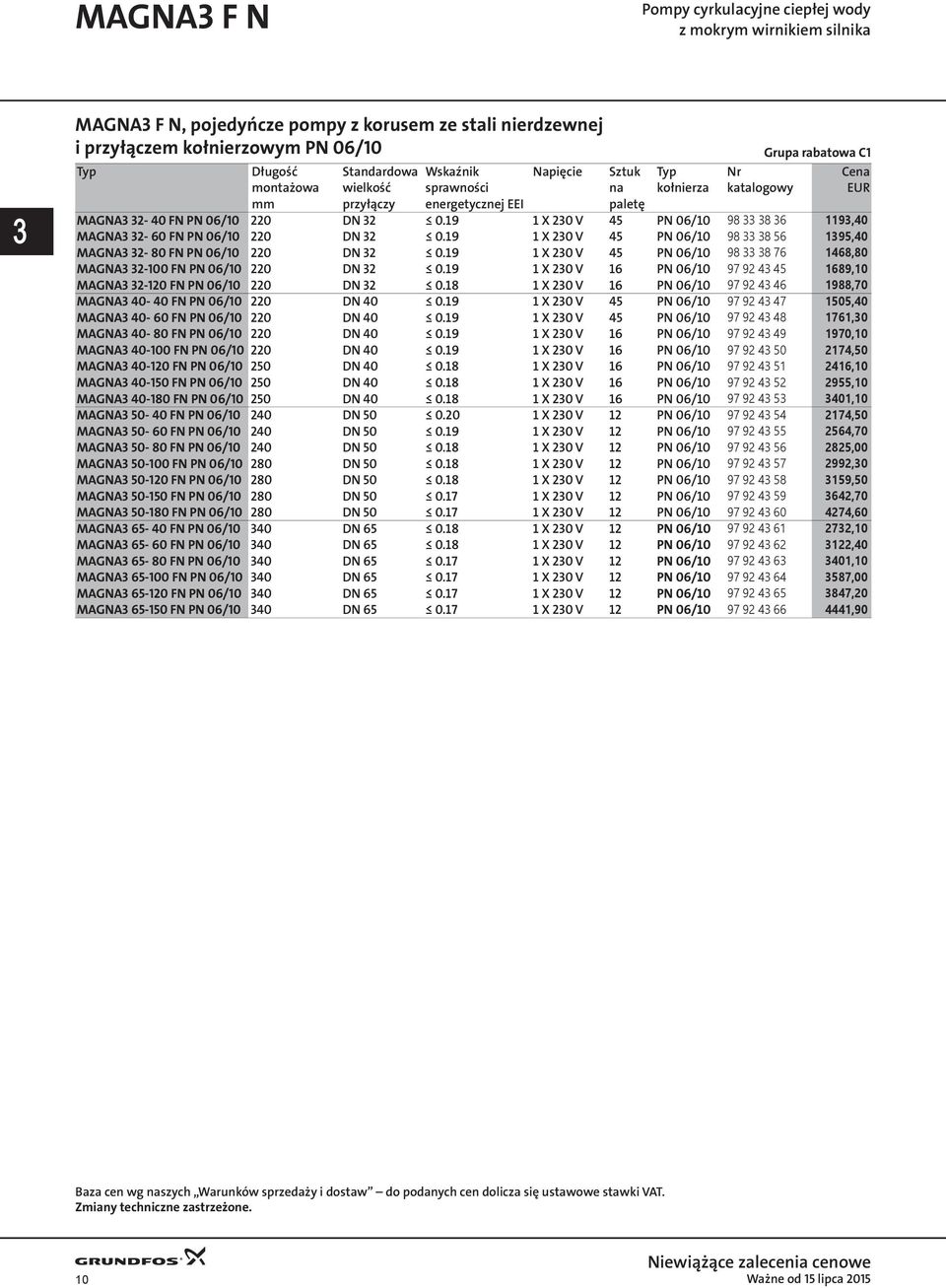 19 1 X 230 V 45 PN 06/10 98 33 38 36 1193,40 MAGNA3 32-60 FN PN 06/10 220 DN 32 0.19 1 X 230 V 45 PN 06/10 98 33 38 56 1395,40 MAGNA3 32-80 FN PN 06/10 220 DN 32 0.