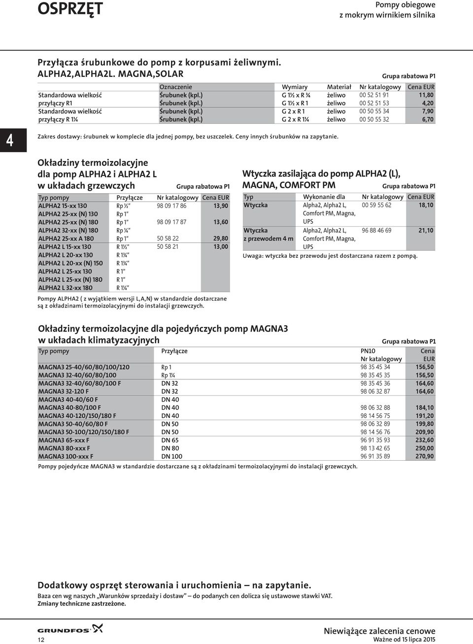 ) G 1½ x R ¾ żeliwo 00 52 51 91 11,80 przyłączy R1 Śrubunek (kpl.) G 1½ x R 1 żeliwo 00 52 51 53 4,20 Standardowa wielkość Śrubunek (kpl.