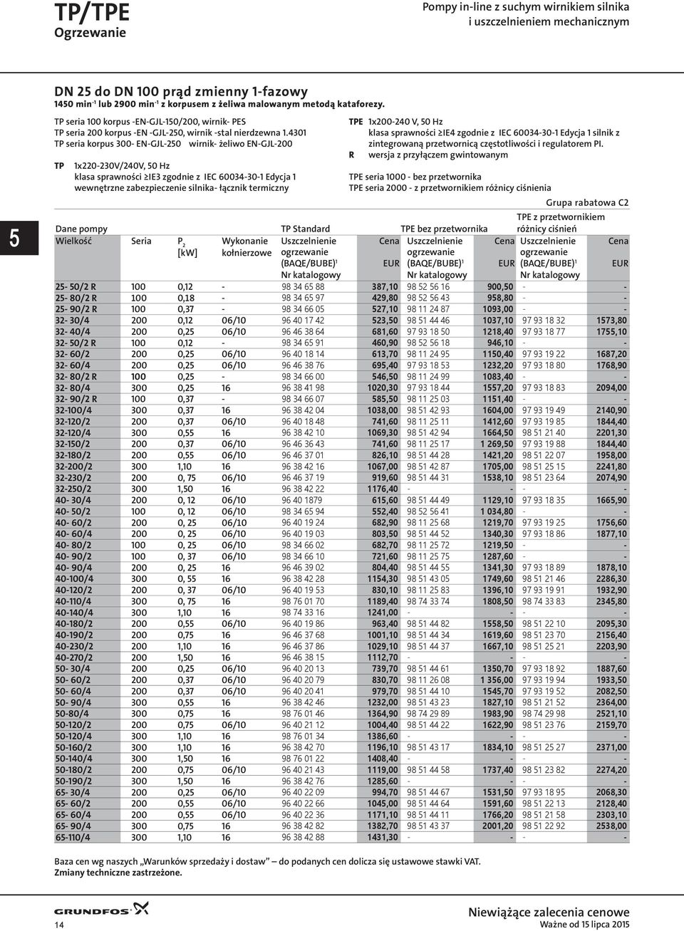 4301 TP seria korpus 300- EN-GJL-250 wirnik- żeliwo EN-GJL-200 TP 1x220-230V/240V, 50 Hz klasa sprawności IE3 zgodnie z IEC 60034-30-1 Edycja 1 wewnętrzne zabezpieczenie silnika- łącznik termiczny