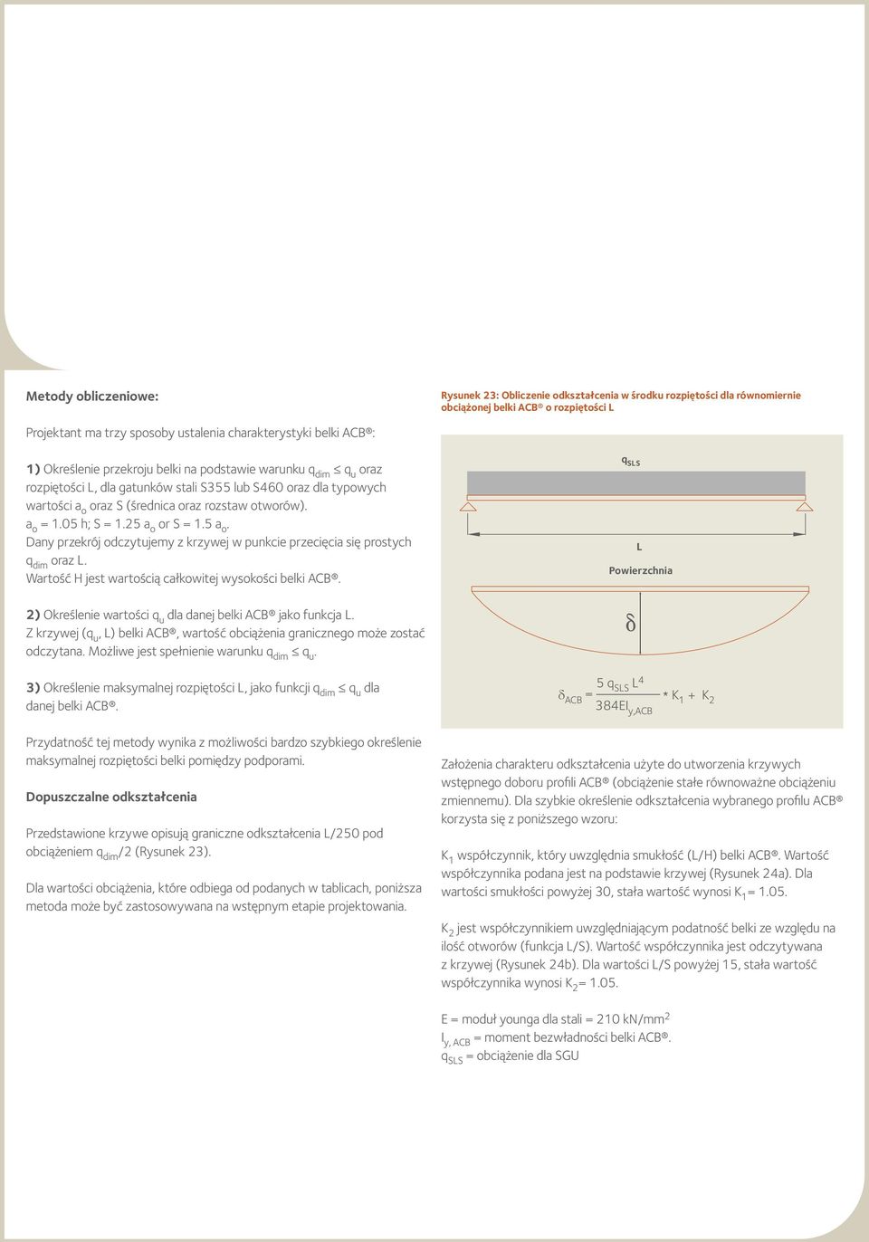 05 h; S = 1.25 a o or S = 1.5 a o. Dany przekrój odczytujemy z krzywej w punkcie przecięcia się prostych q dim oraz L. Wartość H jest wartością całkowitej wysokości belki ACB.