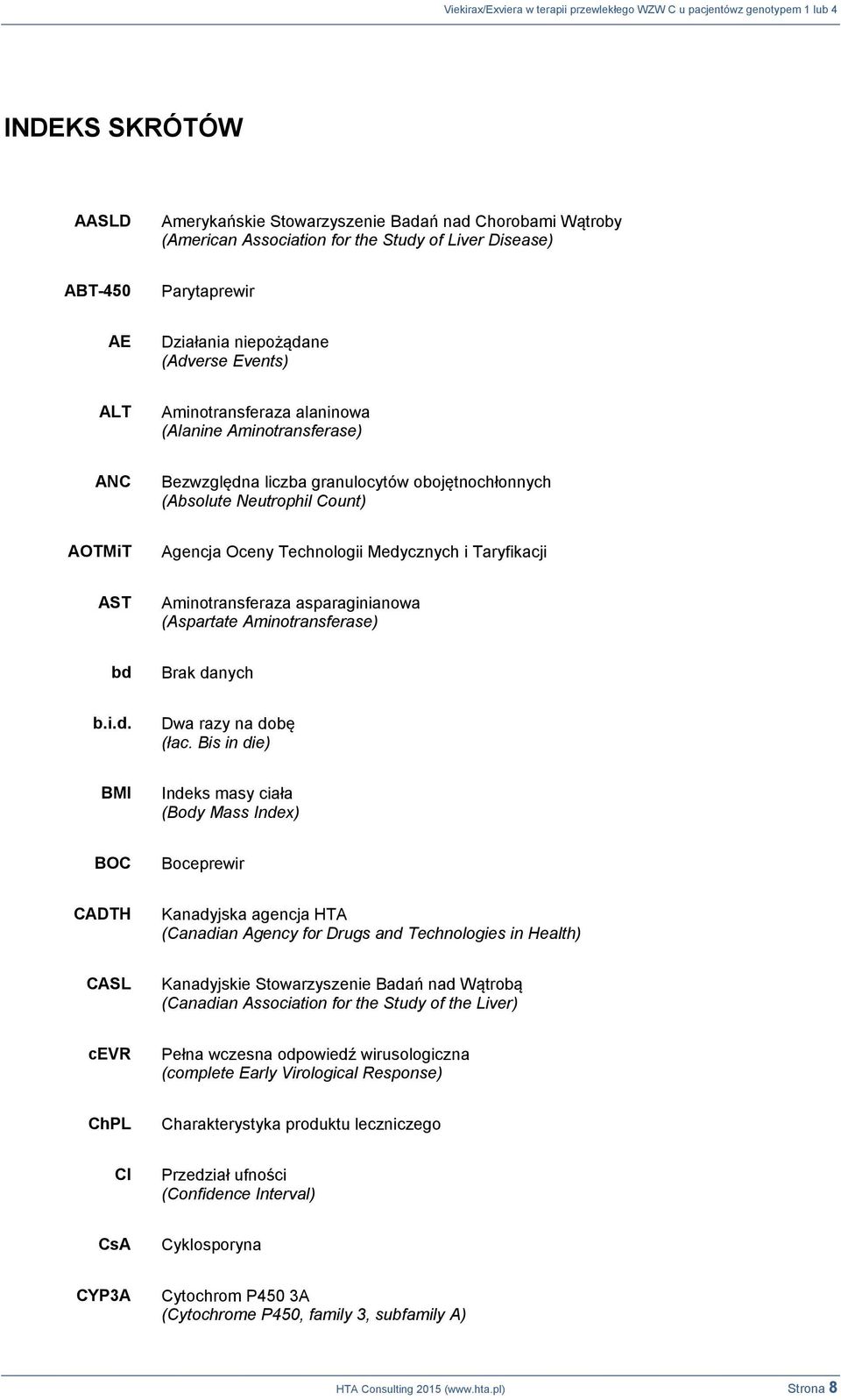 Aminotransferaza asparaginianowa (Aspartate Aminotransferase) bd Brak danych b.i.d. Dwa razy na dobę (łac.