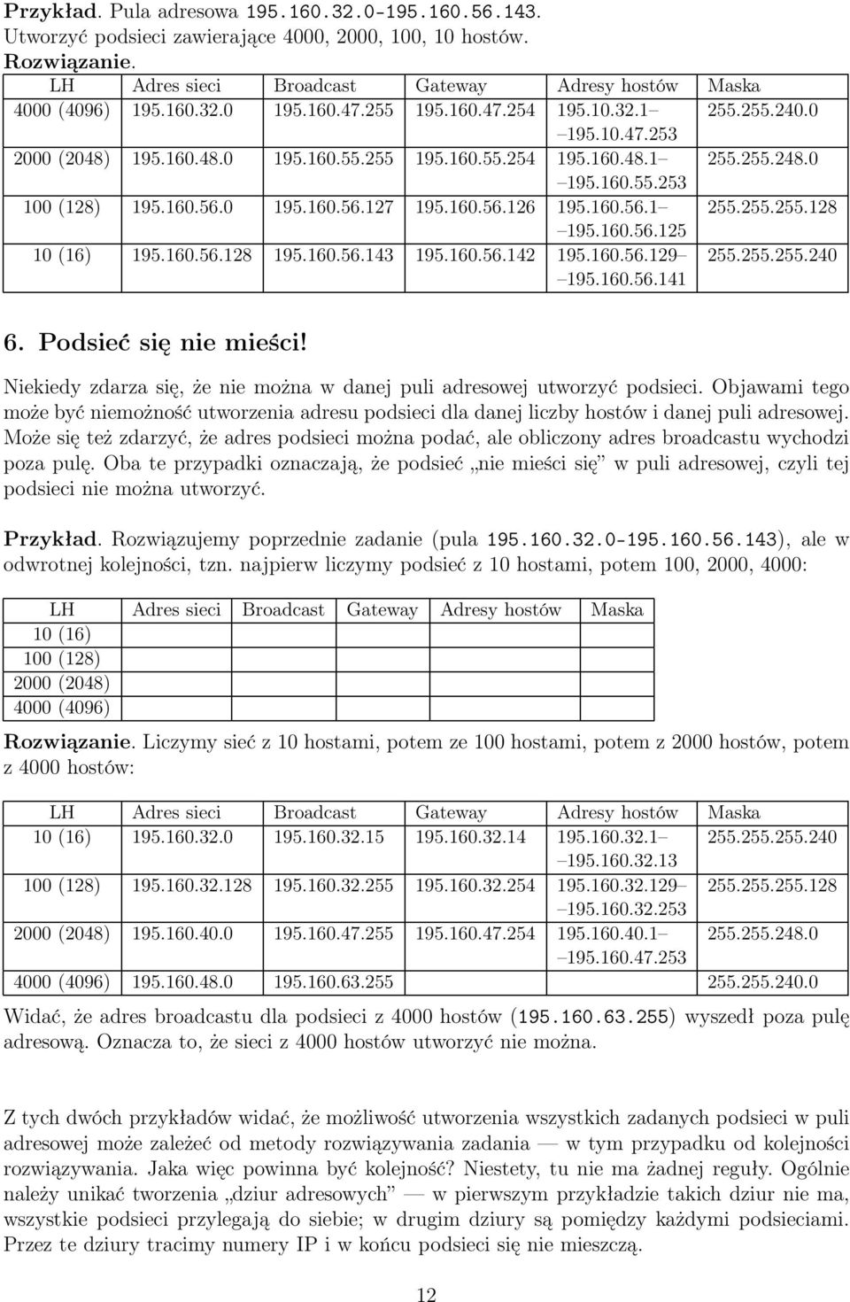 160.56.126 195.160.56.1 255.255.255.128 195.160.56.125 10 (16) 195.160.56.128 195.160.56.143 195.160.56.142 195.160.56.129 195.160.56.141 255.255.255.240 6. Podsieć się nie mieści!