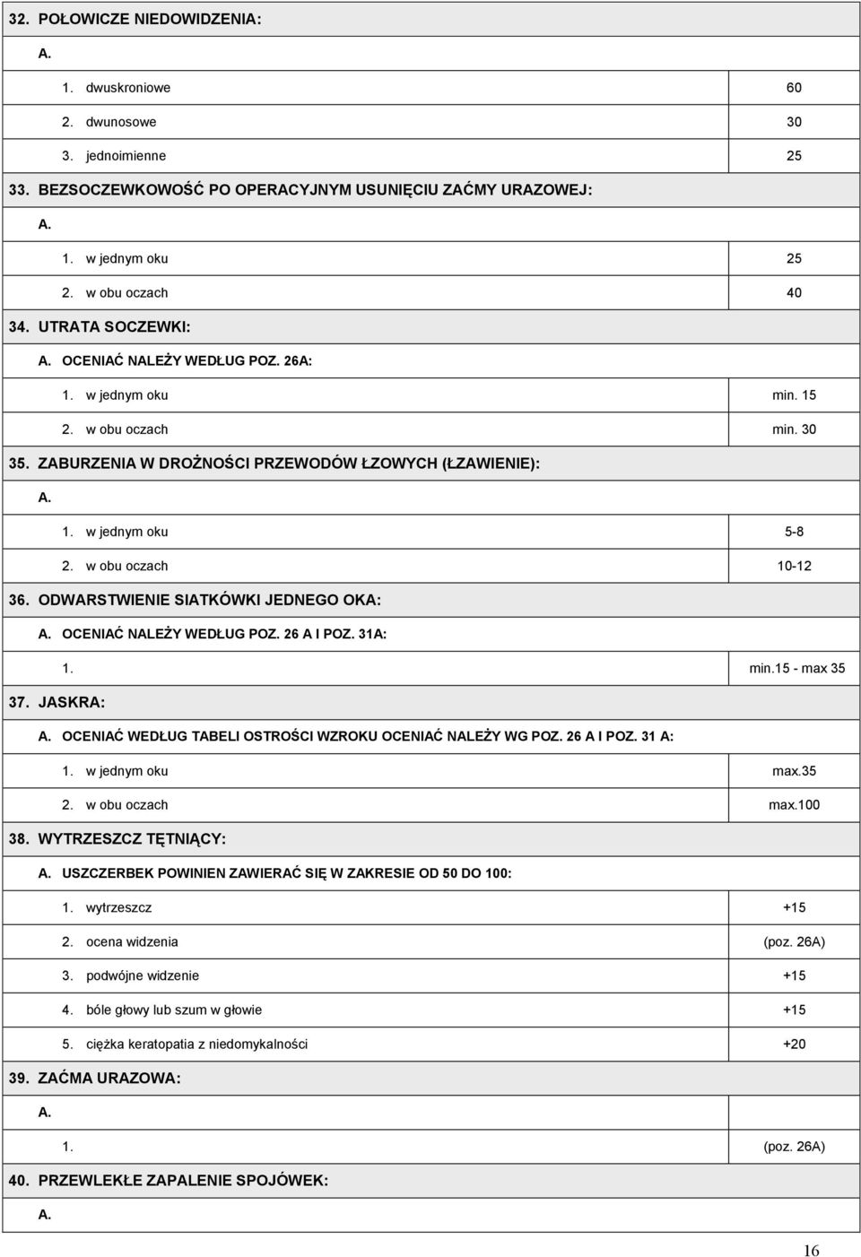 ODWARSTWIENIE SIATKÓWKI JEDNEGO OKA: OCENIAĆ NALEŻY WEDŁUG POZ. 26 A I POZ. 31A: 1. min.15 - max 35 37. JASKRA: OCENIAĆ WEDŁUG TABELI OSTROŚCI WZROKU OCENIAĆ NALEŻY WG POZ. 26 A I POZ. 31 A: 1.