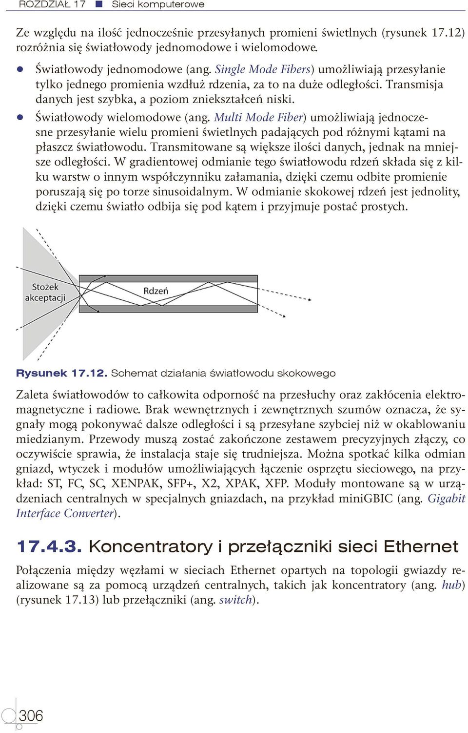 Multi Mode Fiber) umożliwiają jednoczesne przesyłanie wielu promieni świetlnych padających pod różnymi kątami na płaszcz światłowodu.