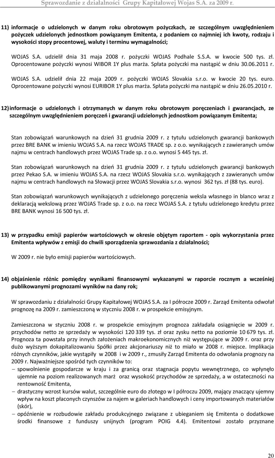 Oprocentowane pożyczki wynosi WIBOR 1Y plus marża. Spłata pożyczki ma nastąpić w dniu 30.06.2011 r. WOJAS S.A. udzielił dnia 22 maja 2009 r. pożyczki WOJAS Slovakia s.r.o. w kwocie 20 tys. euro.