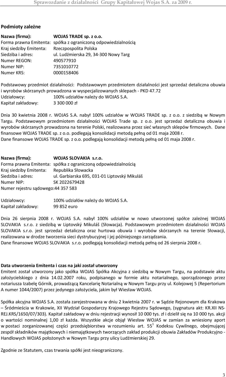 obuwia i wyrobów skórzanych prowadzona w wyspecjalizowanych sklepach - PKD 47.72 Udziałowcy: 100% udziałów należy do WOJAS S.A. Kapitał zakładowy: 3300000 zł Dnia 30 kwietnia 2008 r. WOJAS S.A. nabył 100% udziałów w WOJAS TRADE sp.