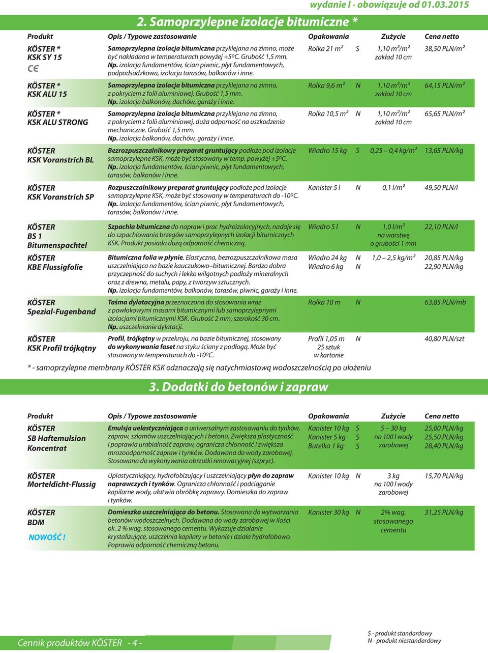 * KK ALU 15 * KK ALU TROG KK Voranstrich BL KK Voranstrich P B 1 Bitumenspachtel KBE Flussigfolie pezial-fugenband KK Profil trójkątny amoprzylepna izolacja bitumiczna przyklejana na zimno, z