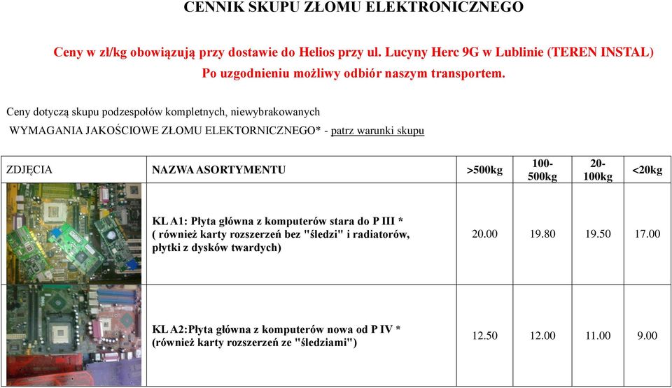 Ceny dotyczą skupu podzespołów kompletnych, niewybrakowanych WYMAGANIA JAKOŚCIOWE ZŁOMU ELEKTORNICZNEGO* - patrz warunki skupu ZDJĘCIA NAZWA ASORTYMENTU