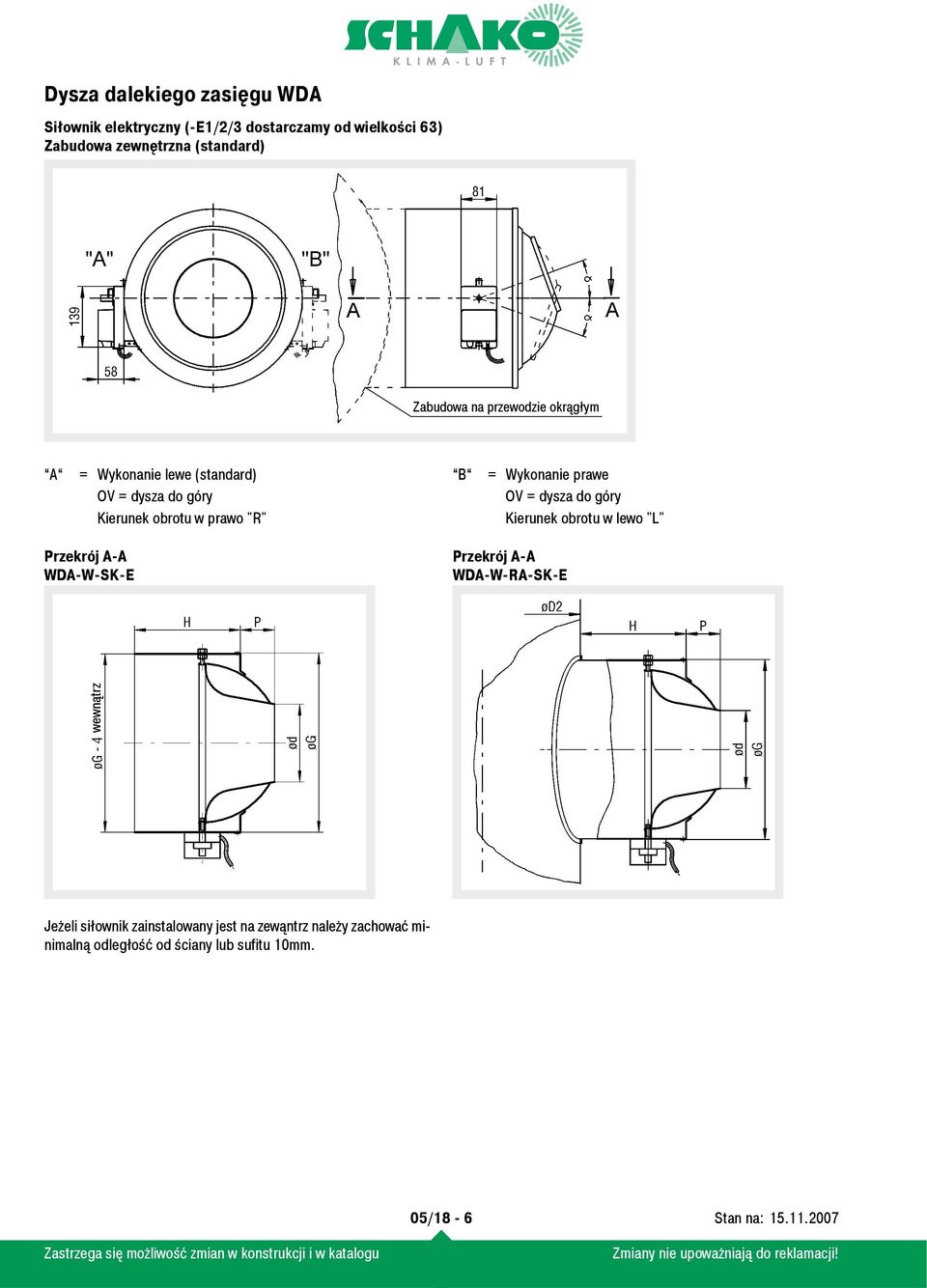 prawe OV = dysza do góry Kierunek obrotu w lewo "L" Przekrój A-A WDA-W-SK-E Przekrój A-A WDA-W-RA-SK-E