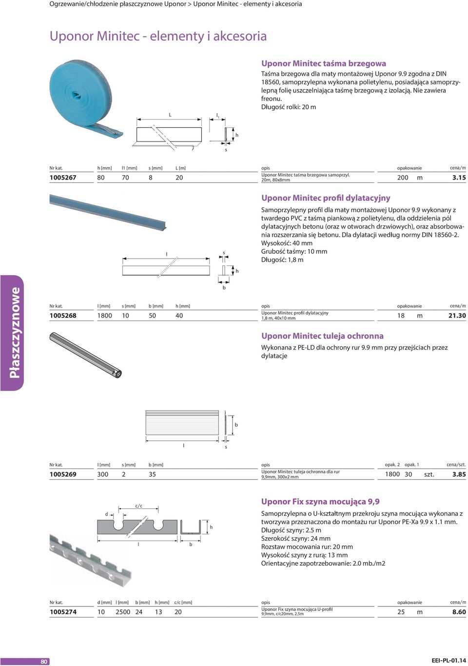 h [mm] l1 [mm] s [mm] L [m] opis opakowanie cena/m 1005267 80 70 8 20 Uponor Minitec taśma brzegowa samoprzyl. 20m, 80x8mm 200 m 3.