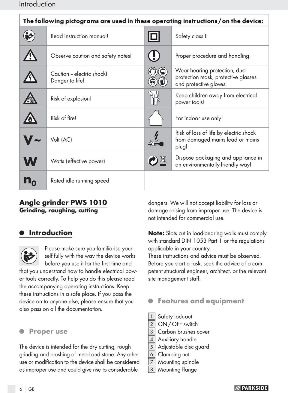 Keep children away from electrical power tools! For indoor use only! V ~ Volt (AC) Risk of loss of life by electric shock from damaged mains lead or mains plug!