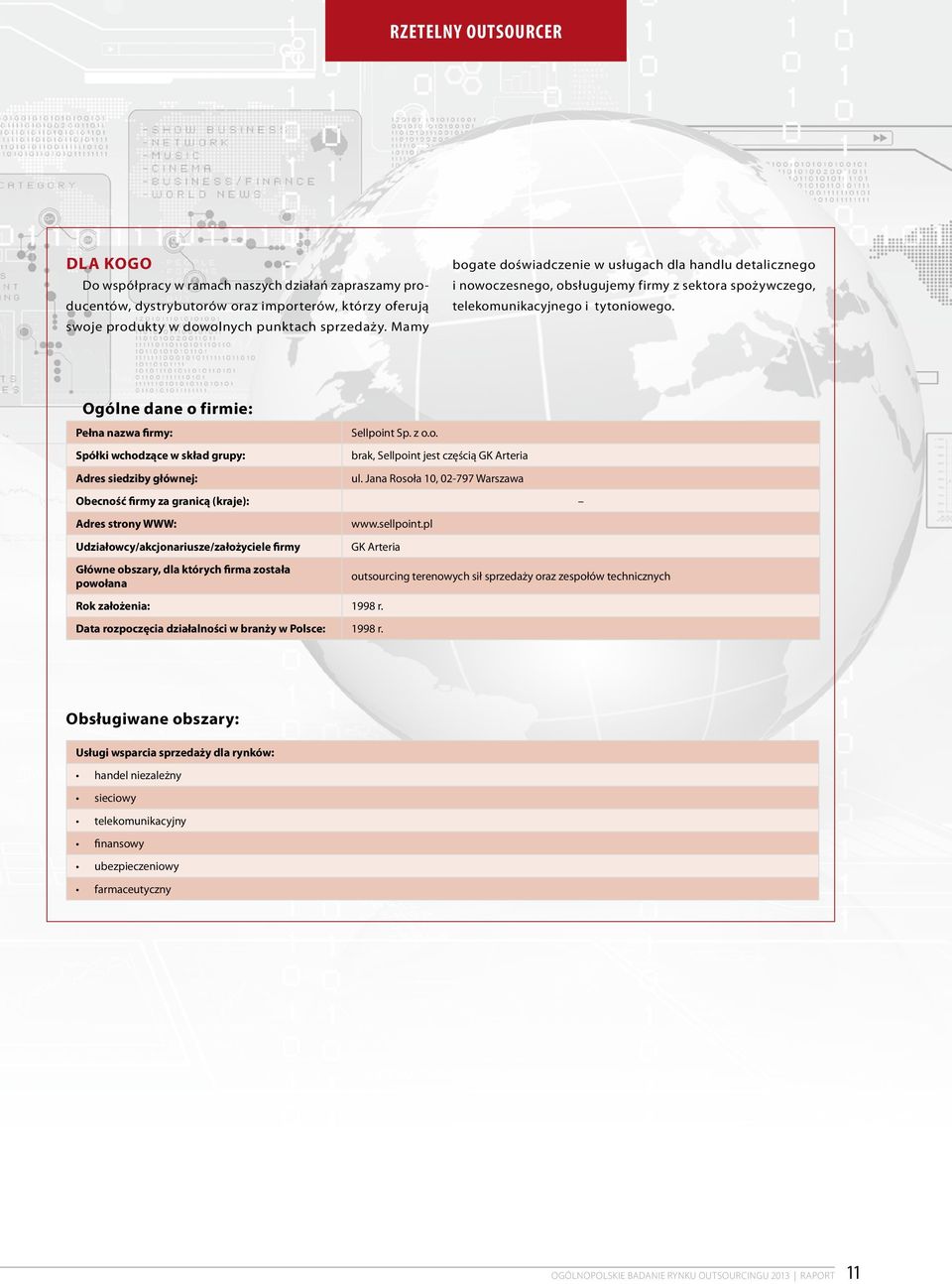 Ogólne dane o firmie: Pełna nazwa firmy: Spółki wchodzące w skład grupy: Adres siedziby głównej: Sellpoint Sp. z o.o. brak, Sellpoint jest częścią GK Arteria ul.