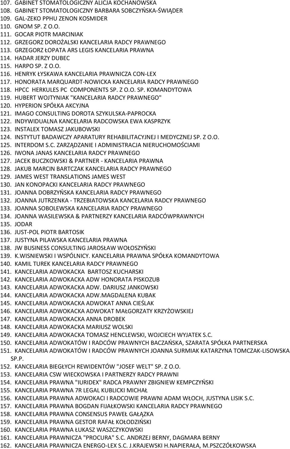 HONORATA MARQUARDT-NOWICKA KANCELARIA RADCY PRAWNEGO 118. HPCC HERKULES PC COMPONENTS SP. Z O.O. SP. KOMANDYTOWA 119. HUBERT WOJTYNIAK "KANCELARIA RADCY PRAWNEGO" 120. HYPERION SPÓŁKA AKCYJNA 121.