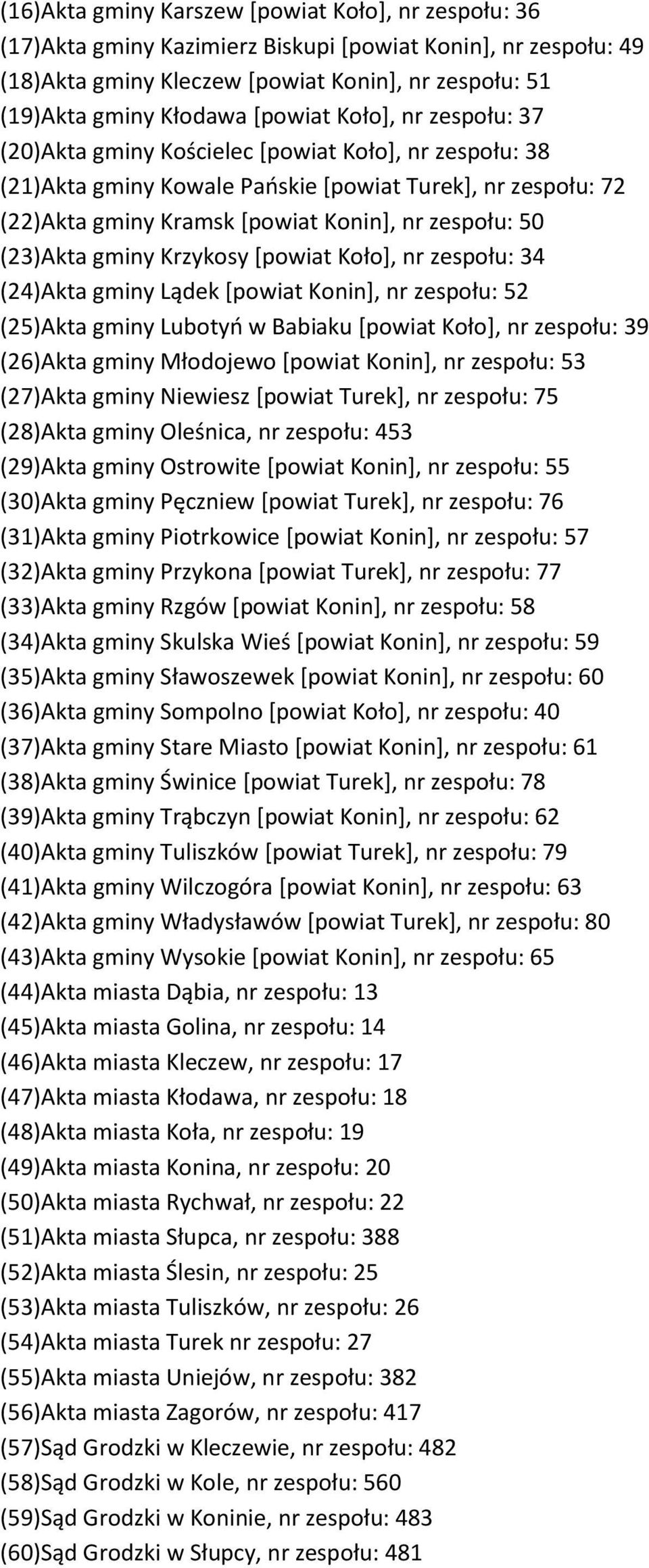 50 (23) Akta gminy Krzykosy [powiat Koło], nr zespołu: 34 (24) Akta gminy Lądek [powiat Konin], nr zespołu: 52 (25) Akta gminy Lubotyń w Babiaku [powiat Koło], nr zespołu: 39 (26) Akta gminy