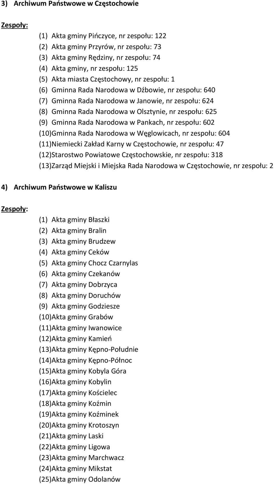 Gminna Rada Narodowa w Pankach, nr zespołu: 602 (10) Gminna Rada Narodowa w Węglowicach, nr zespołu: 604 (11) Niemiecki Zakład Karny w Częstochowie, nr zespołu: 47 (12) Starostwo Powiatowe