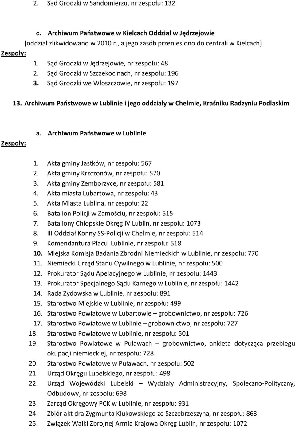 Archiwum Państwowe w Lublinie i jego oddziały w Chełmie, Kraśniku Radzyniu Podlaskim a. Archiwum Państwowe w Lublinie 1. Akta gminy Jastków, nr zespołu: 567 2. Akta gminy Krzczonów, nr zespołu: 570 3.