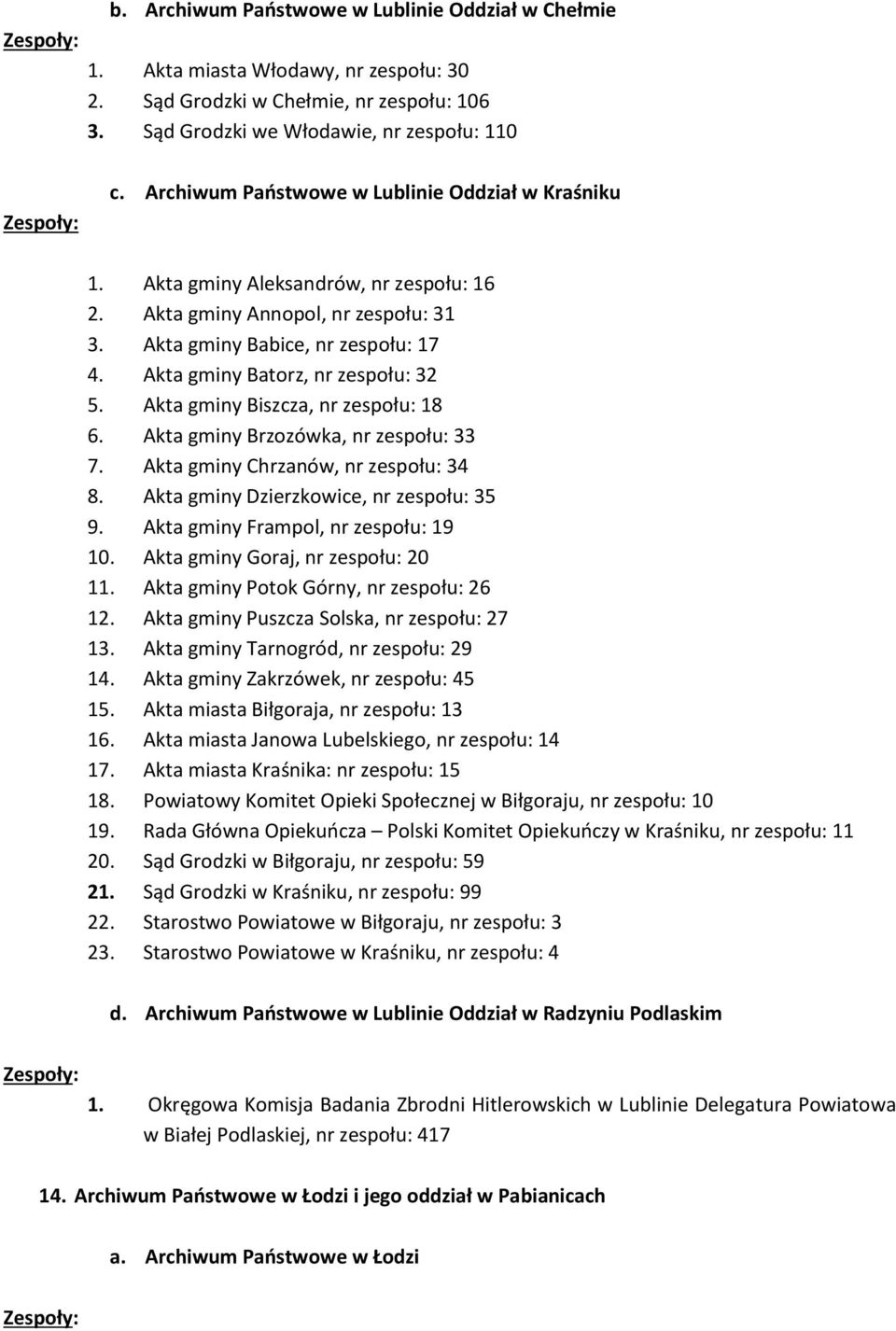 Akta gminy Batorz, nr zespołu: 32 5. Akta gminy Biszcza, nr zespołu: 18 6. Akta gminy Brzozówka, nr zespołu: 33 7. Akta gminy Chrzanów, nr zespołu: 34 8. Akta gminy Dzierzkowice, nr zespołu: 35 9.