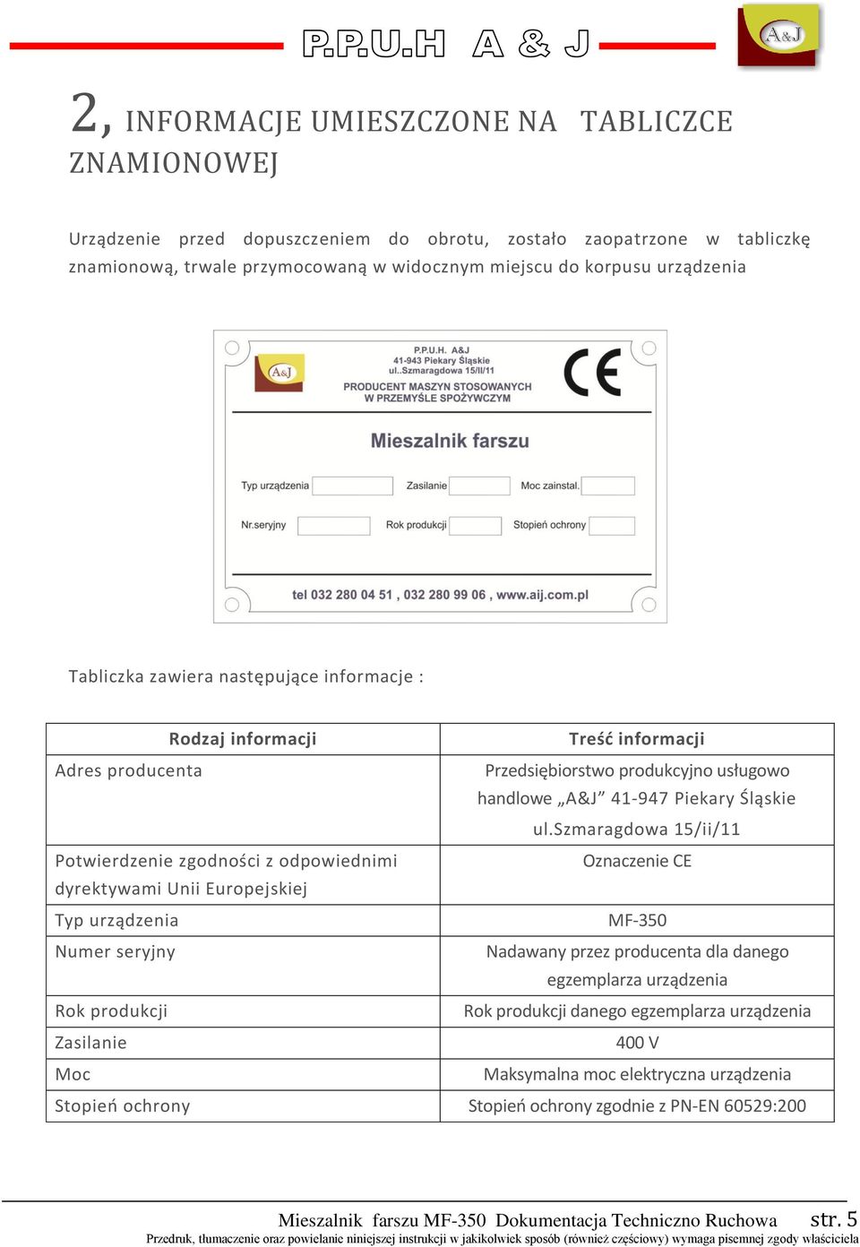 szmaragdowa 1/ii/11 Potwierdzenie zgodności z odpowiednimi Oznaczenie CE dyrektywami Unii Europejskiej Typ urządzenia MF-3 Numer seryjny Nadawany przez producenta dla danego egzemplarza urządzenia