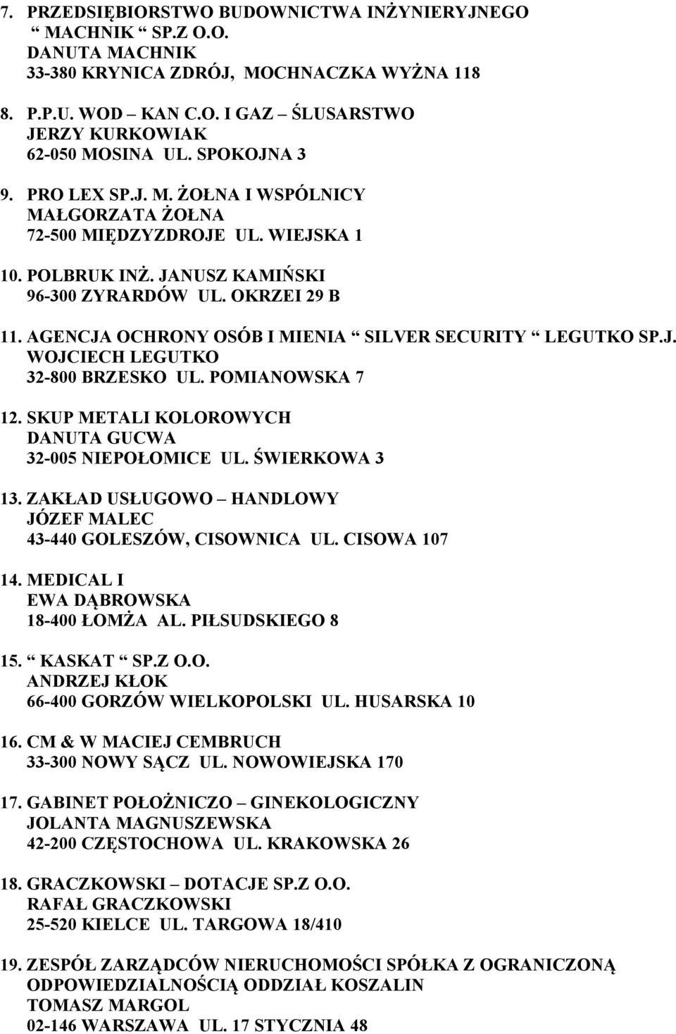 AGENCJA OCHRONY OSÓB I MIENIA SILVER SECURITY LEGUTKO SP.J. WOJCIECH LEGUTKO 32-800 BRZESKO UL. POMIANOWSKA 7 12. SKUP METALI KOLOROWYCH DANUTA GUCWA 32-005 NIEPOŁOMICE UL. ŚWIERKOWA 3 13.