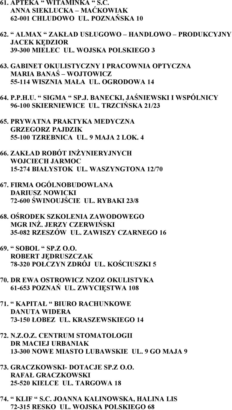 PRYWATNA PRAKTYKA MEDYCZNA GRZEGORZ PAJDZIK 55-100 TZREBNICA UL. 9 MAJA 2 LOK. 4 66. ZAKŁAD ROBÓT INŻYNIERYJNYCH WOJCIECH JARMOC 15-274 BIAŁYSTOK UL. WASZYNGTONA 12/70 67.