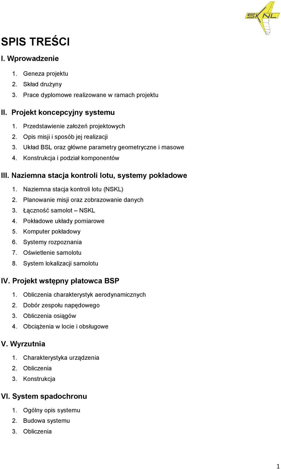 Naziemna stacja kontroli lotu (NSKL) 2. Planowanie misji oraz zobrazowanie danych 3. Łączność samolot NSKL 4. Pokładowe układy pomiarowe 5. Komputer pokładowy 6. Systemy rozpoznania 7.