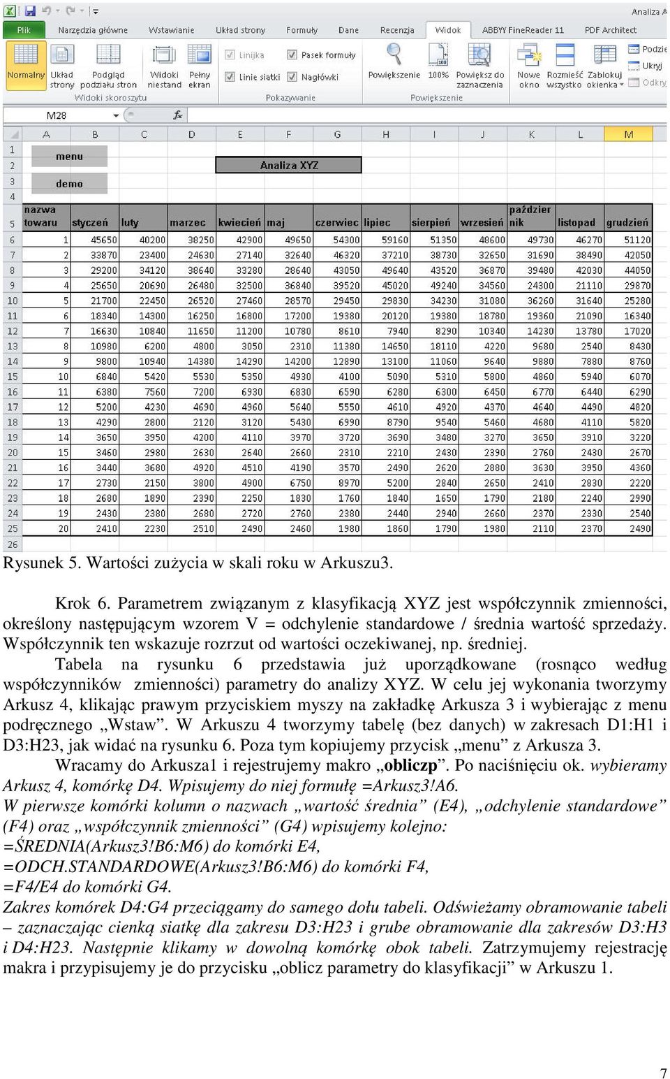 Współczynnik ten wskazuje rozrzut od wartości oczekiwanej, np. średniej. Tabela na rysunku 6 przedstawia już uporządkowane (rosnąco według współczynników zmienności) parametry do analizy XYZ.