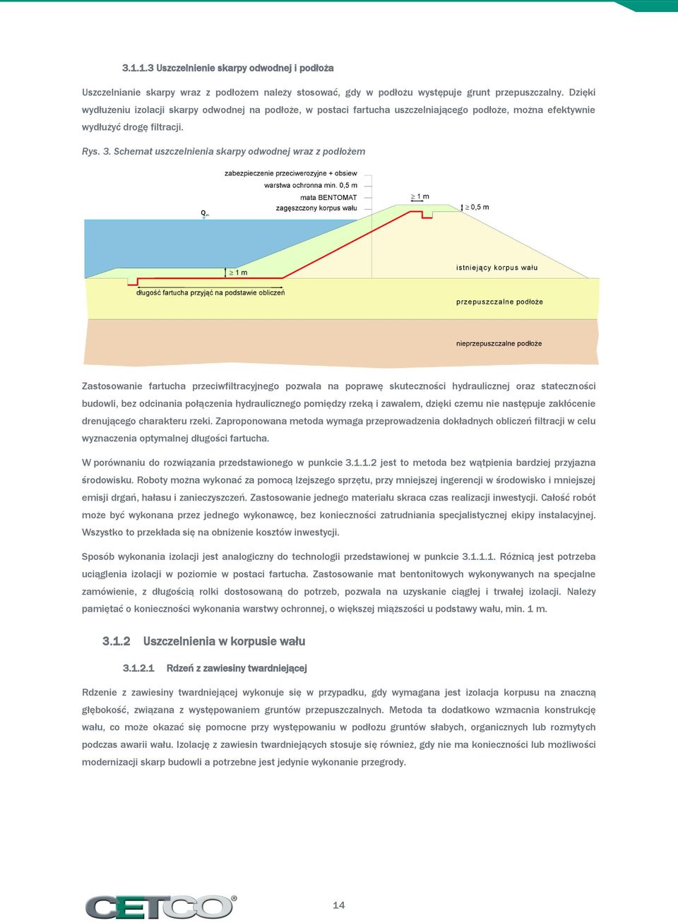 Schemat uszczelnienia skarpy odwodnej wraz z podłożem Zastosowanie fartucha przeciwfiltracyjnego pozwala na poprawę skuteczności hydraulicznej oraz stateczności budowli, bez odcinania połączenia