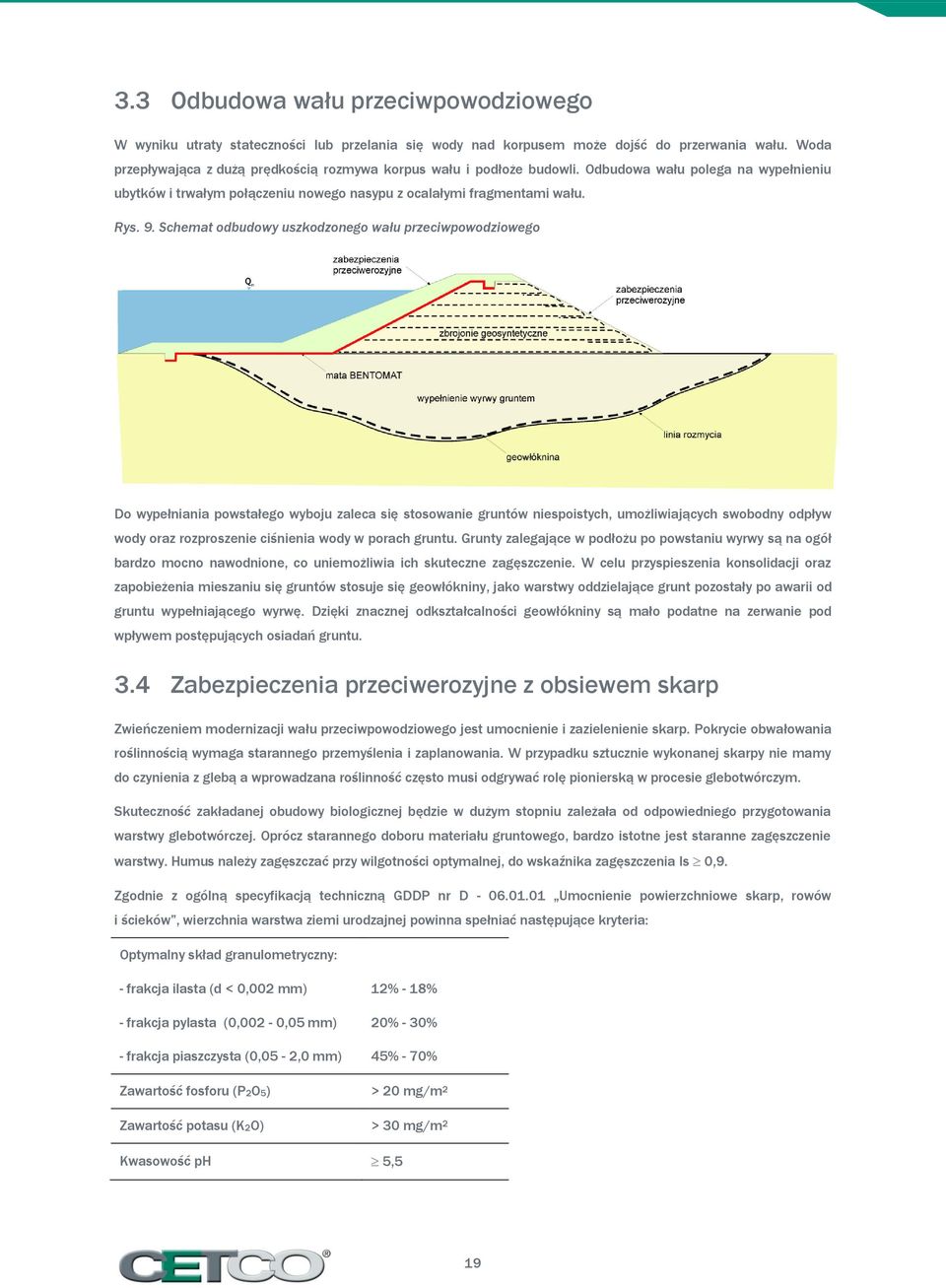 Schemat odbudowy uszkodzonego wału przeciwpowodziowego Do wypełniania powstałego wyboju zaleca się stosowanie gruntów niespoistych, umożliwiających swobodny odpływ wody oraz rozproszenie ciśnienia