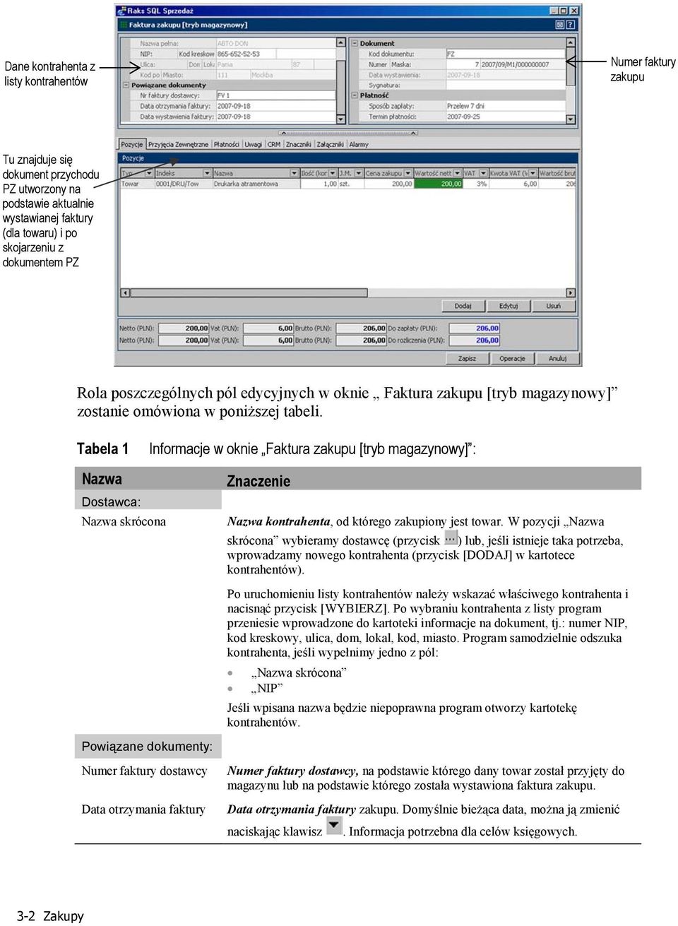 Tabela 1 Dostawca: skrócona Powiązane dokumenty: Numer faktury dostawcy Data otrzymania faktury Informacje w oknie Faktura zakupu [tryb magazynowy] : Znaczenie kontrahenta, od którego zakupiony jest