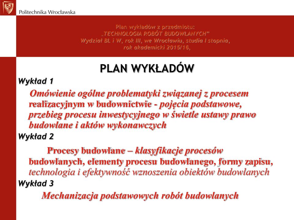 inwestycyjnego w świetle ustawy prawo budowlane i aktów wykonawczych Wykład 2 Procesy budowlane klasyfikacje procesów budowlanych, elementy